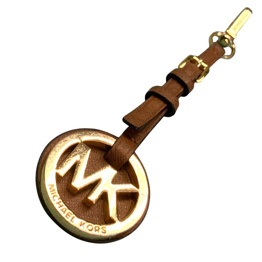 Michael Kors Bag Charm Round Leather and Gold Tone Logo with Leather Belt Buckle
